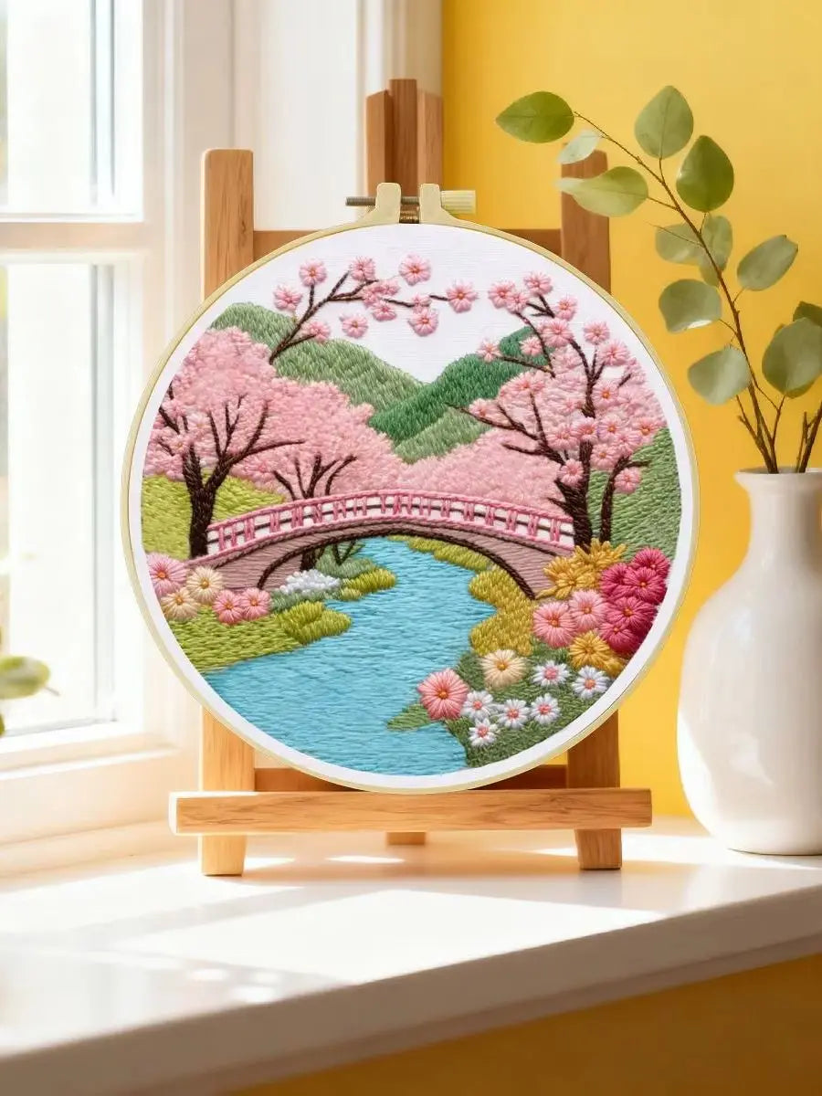Cherry Blossom Bridge Embroidery Kit – Japanese Spring Garden Landscape Design