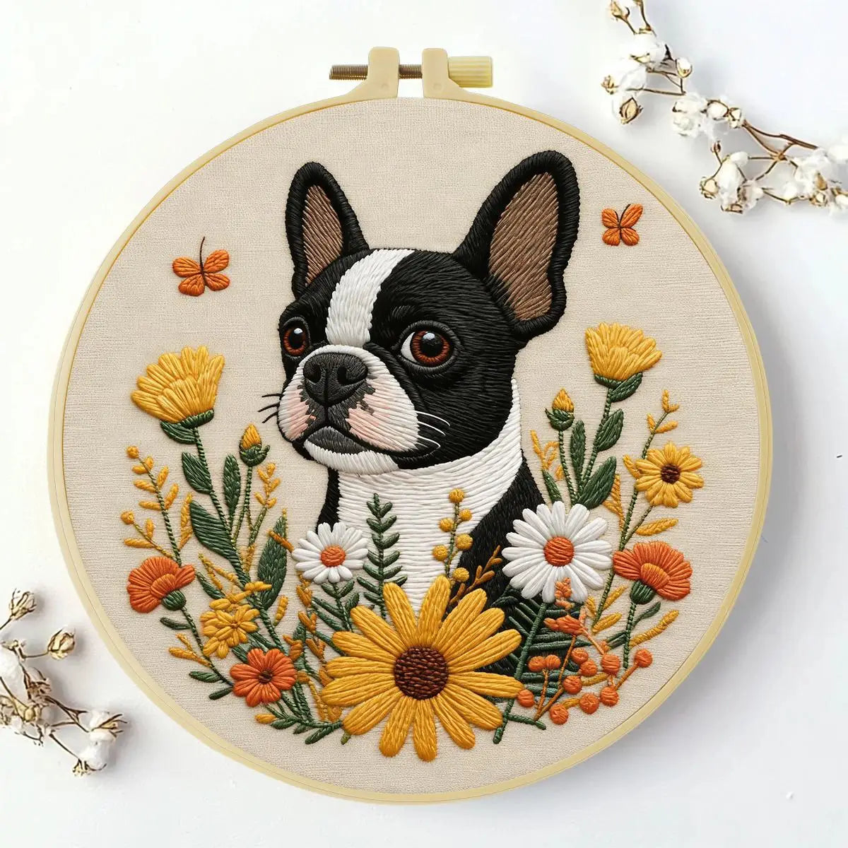 Boston Terrier Embroidery Kit – Floral Puppy DIY Hand Embroidery Hoop Art Set