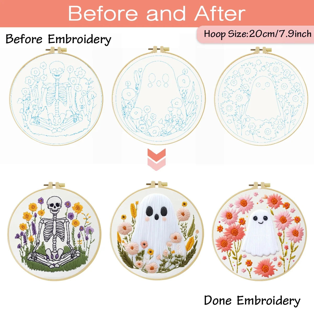Floral Ghosts & Skeleton Embroidery Kit – 3 Designs