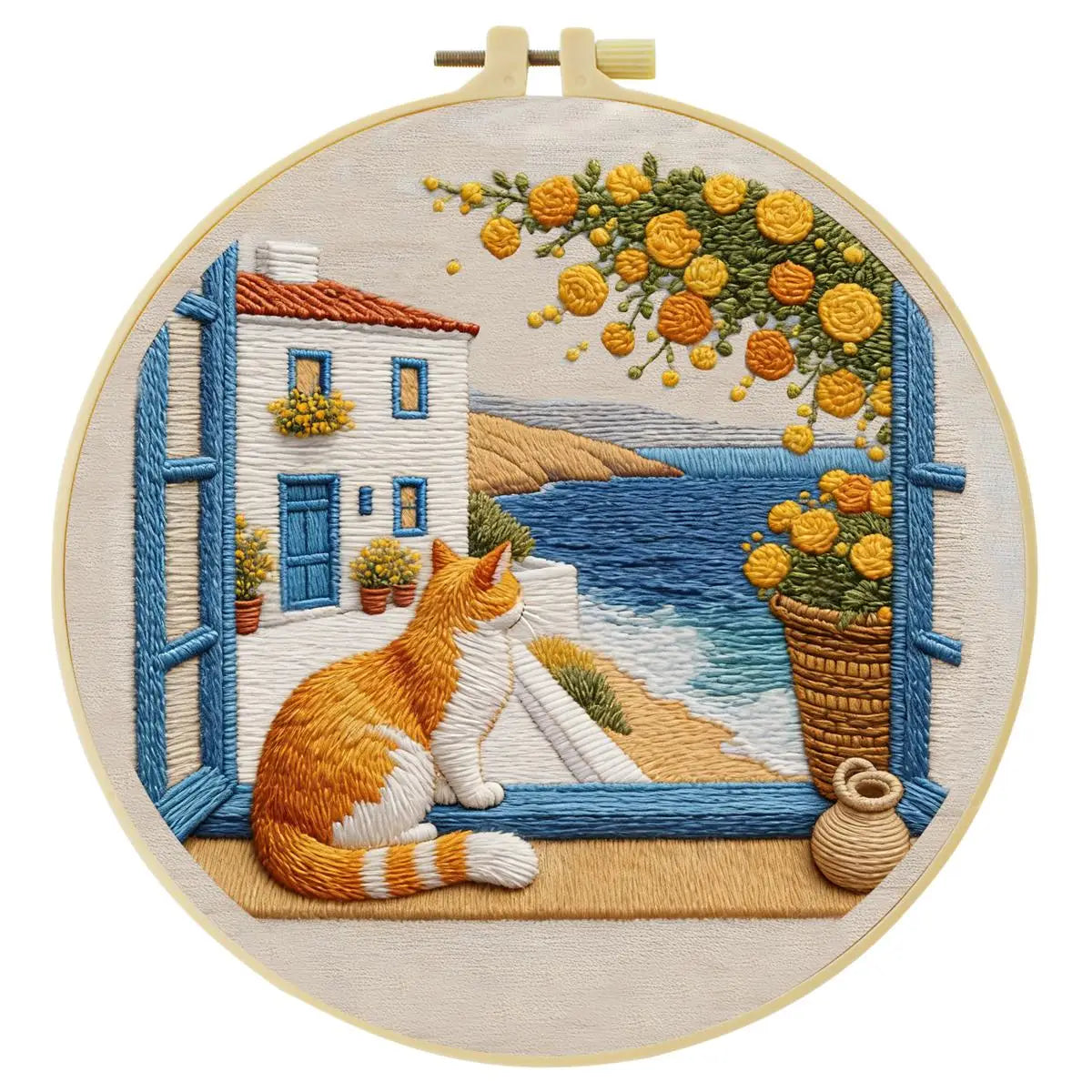 Seaside Window Cat Embroidery Kit