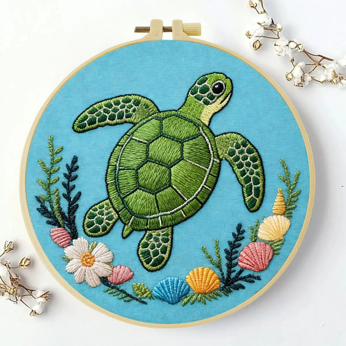 Sea Turtle Embroidery Kit – Coastal Ocean & Seashell Design