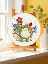 Cute Frog Embroidery Kit – Whimsical Floral Frog DIY Hand Embroidery Hoop Art Set