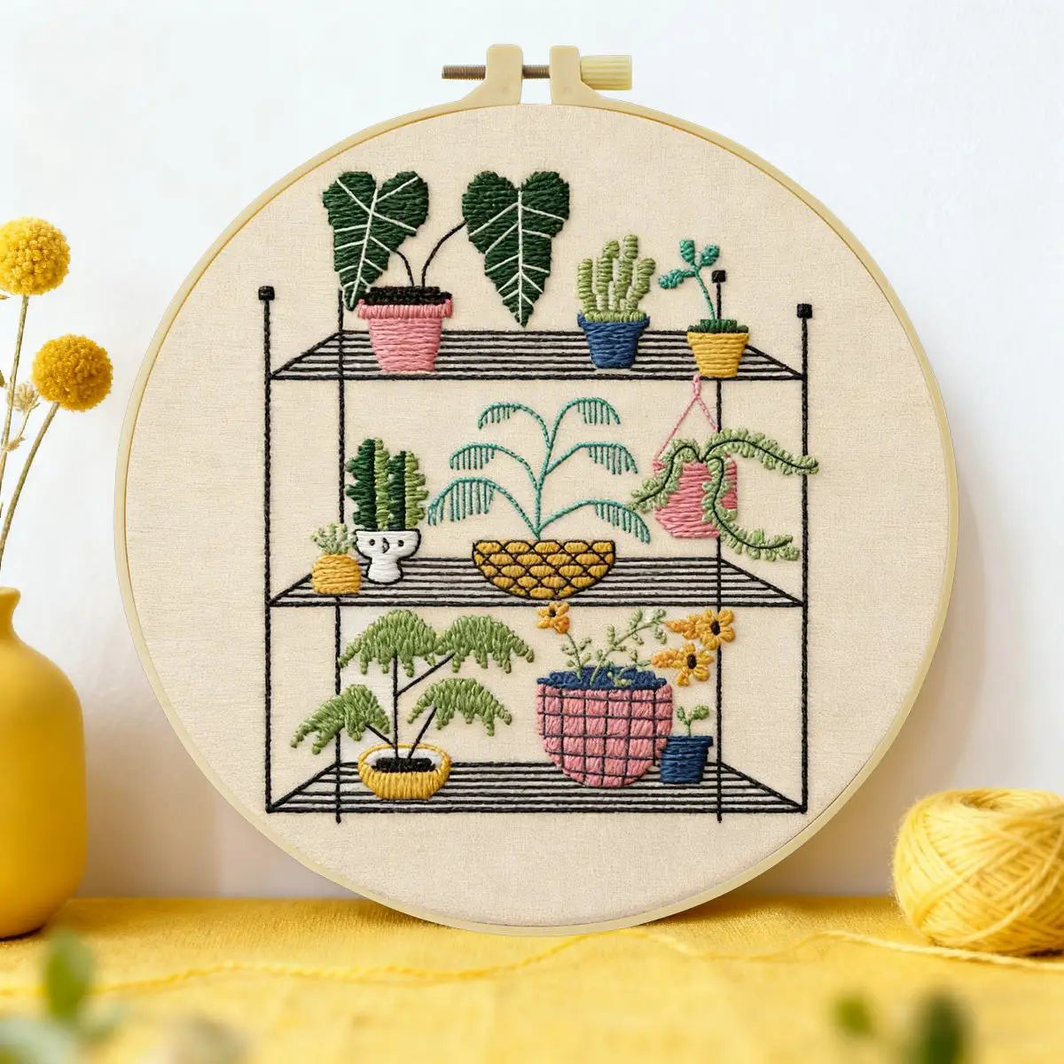 Indoor Plant Shelf Embroidery Kit – Cozy Houseplants DIY Hand Embroidery Hoop Art Set