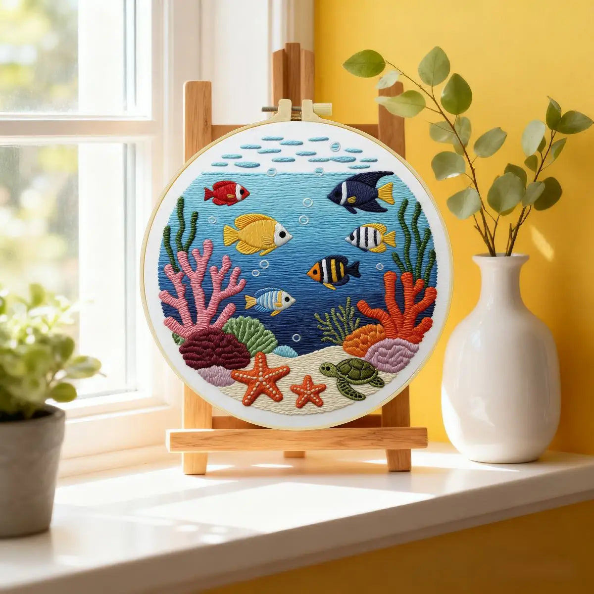Ocean Life Embroidery Kit – Tropical Fish & Sea Turtle DIY Hand Embroidery Hoop Art Set