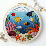 Ocean Life Embroidery Kit – Tropical Fish & Sea Turtle DIY Hand Embroidery Hoop Art Set