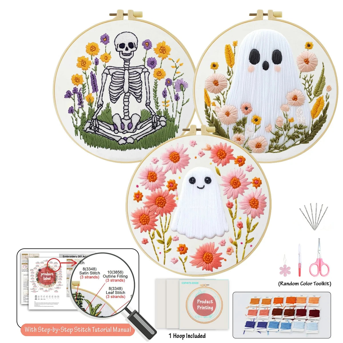 Floral Ghosts & Skeleton Embroidery Kit – 3 Designs