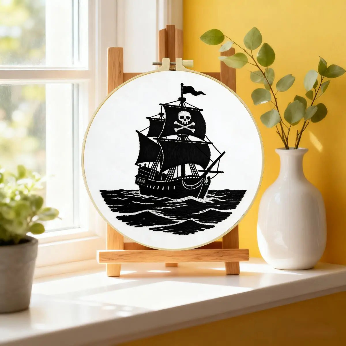 Black Pirate Ship Embroidery Kit – Skull & Crossbones Nautical Design
