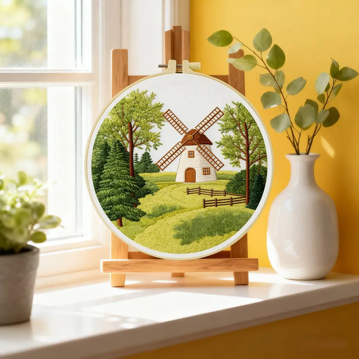 Countryside Windmill Embroidery Kit – Peaceful Green Landscape DIY Hand Embroidery Set