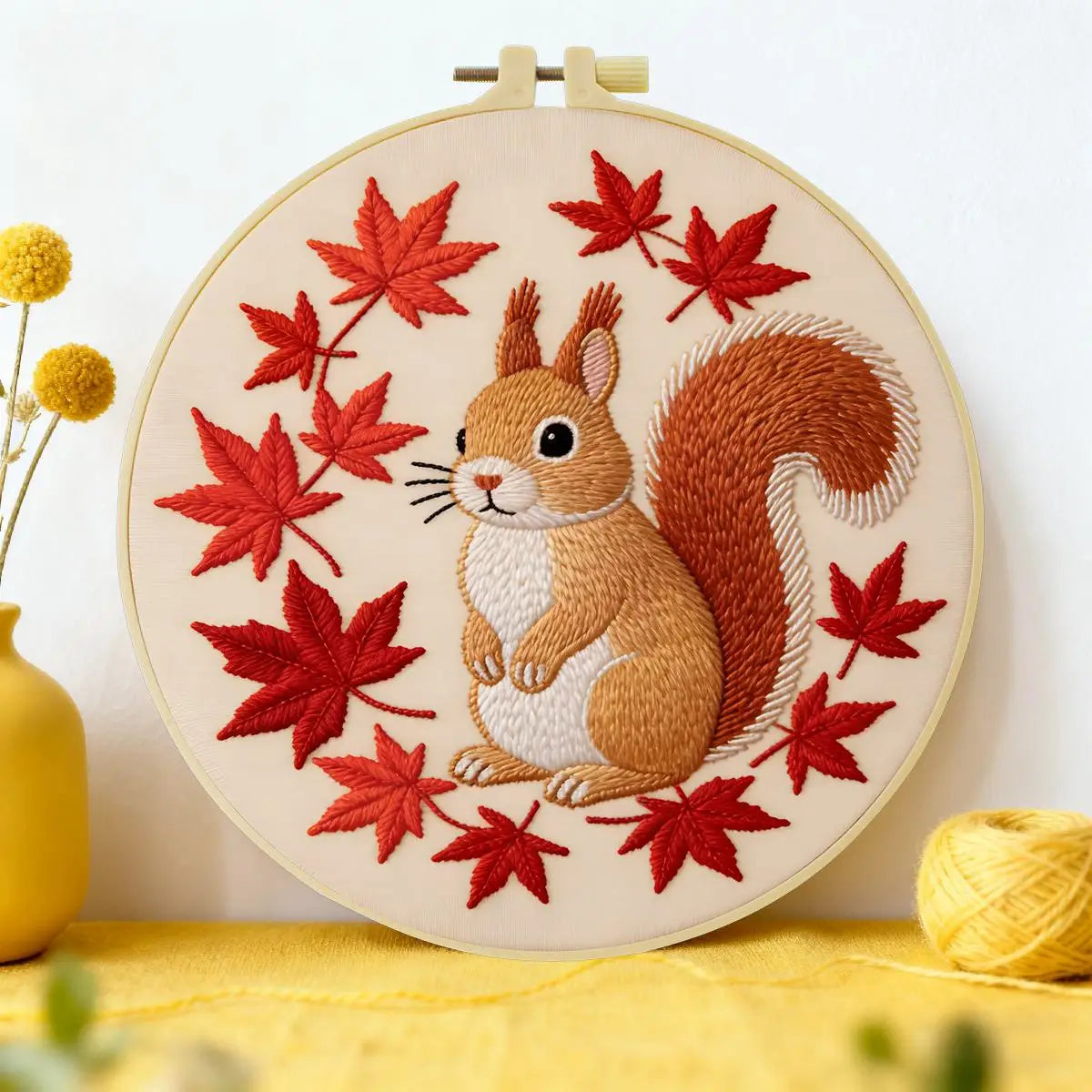 Autumn Squirrel Embroidery Kit – Cute Woodland Maple Leaf Design