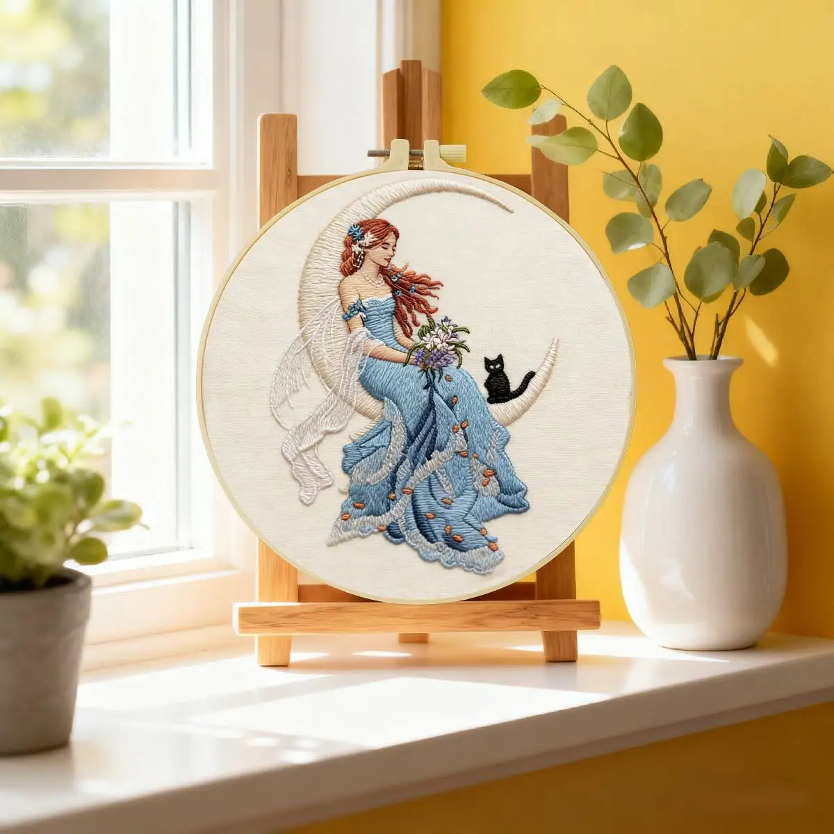 Moonlit Fairy Embroidery Kit – Enchanted Cat & Crescent Moon DIY Hand Embroidery Hoop Art Set