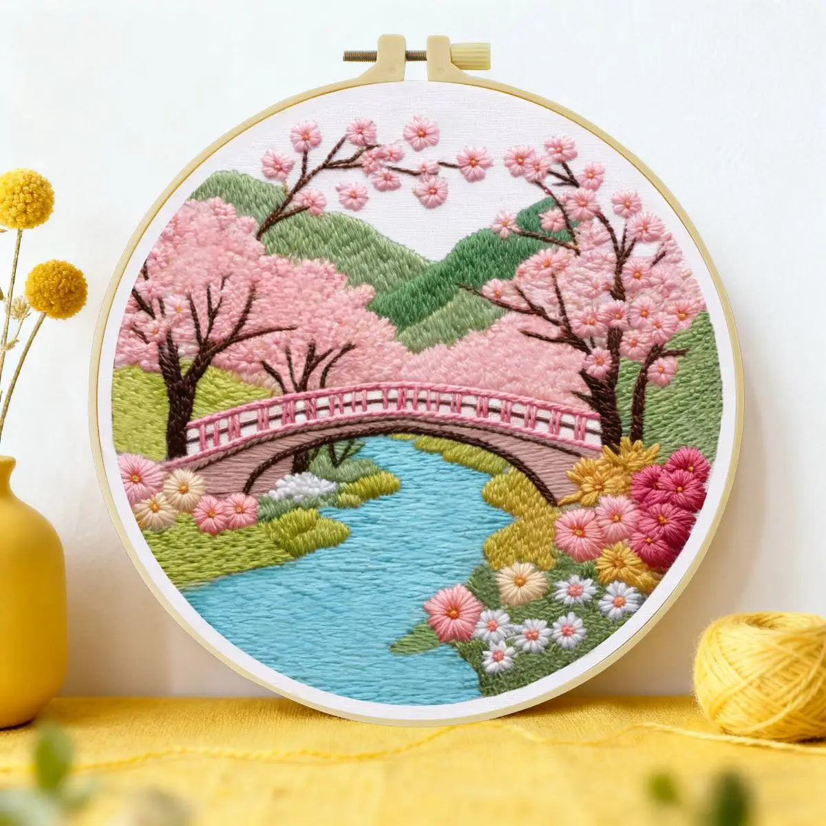 Cherry Blossom Bridge Embroidery Kit – Japanese Spring Garden Landscape Design