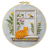 Window Cat Embroidery Kit – Cozy Birdwatching Kitty DIY Hand Embroidery Hoop Art Set
