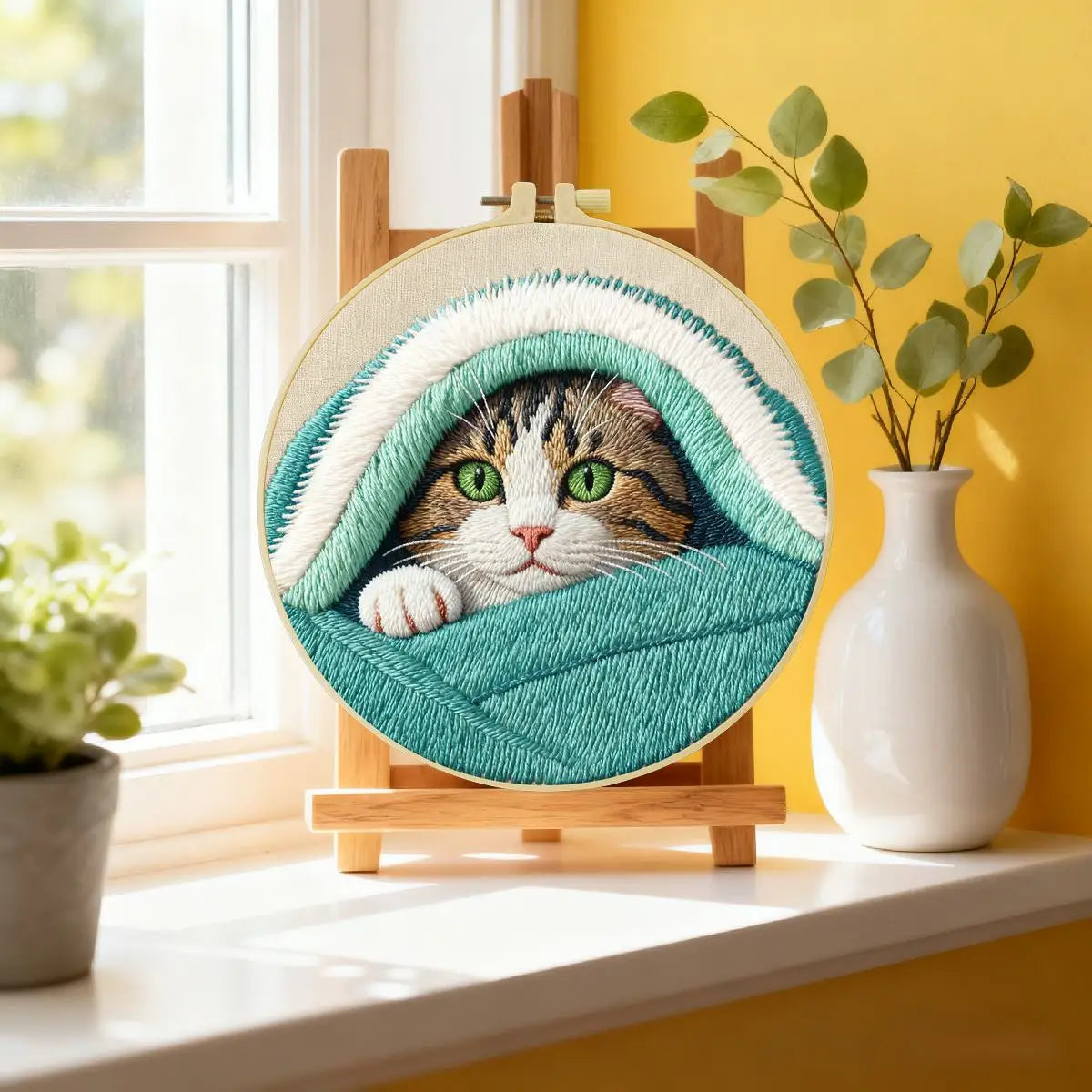 Cozy Blanket Kitten Embroidery Kit 🐱🩵🧵