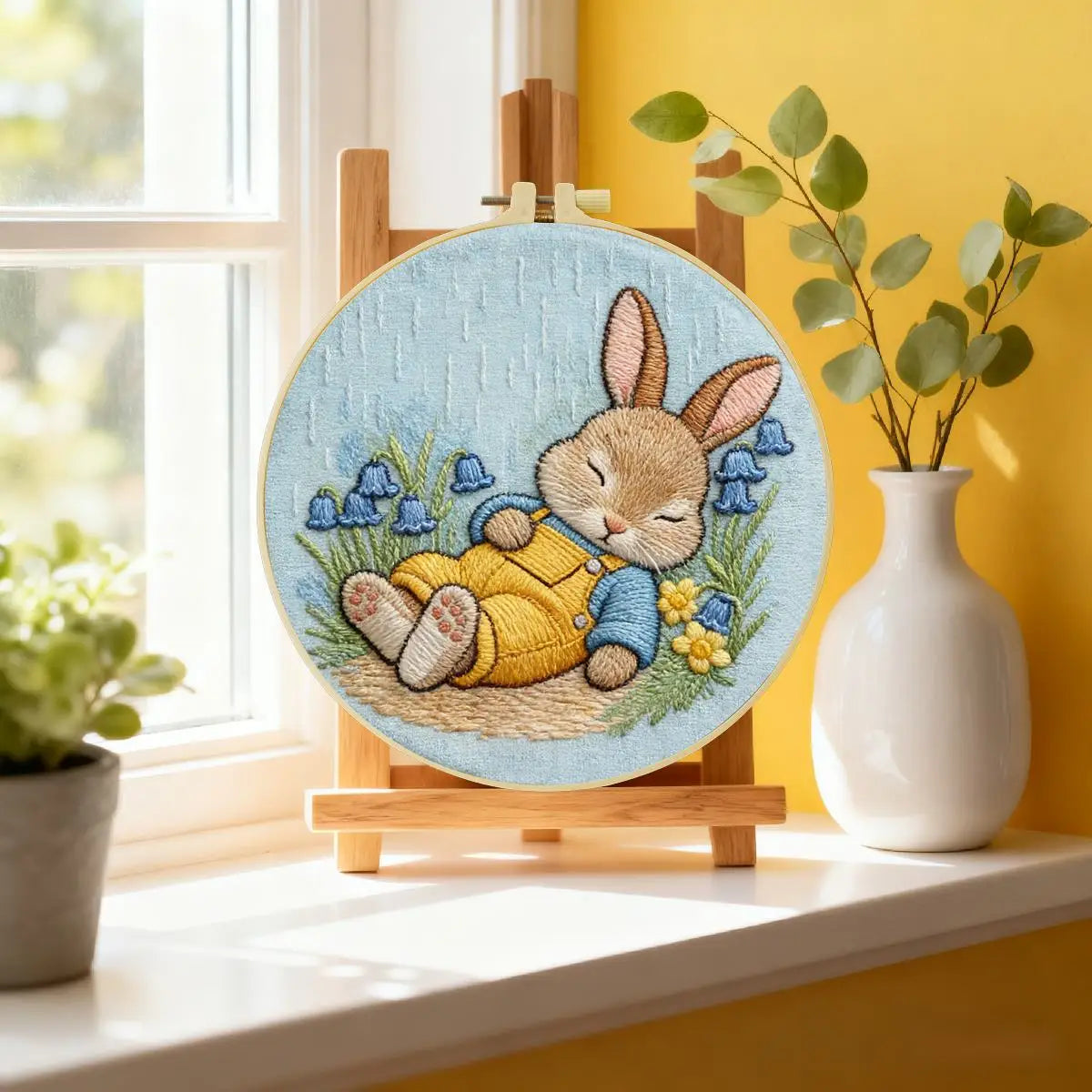 Sleeping Bunny Embroidery Kit – Cozy Rainy Day Rabbit DIY Hand Embroidery Set 🐰🌧️💛