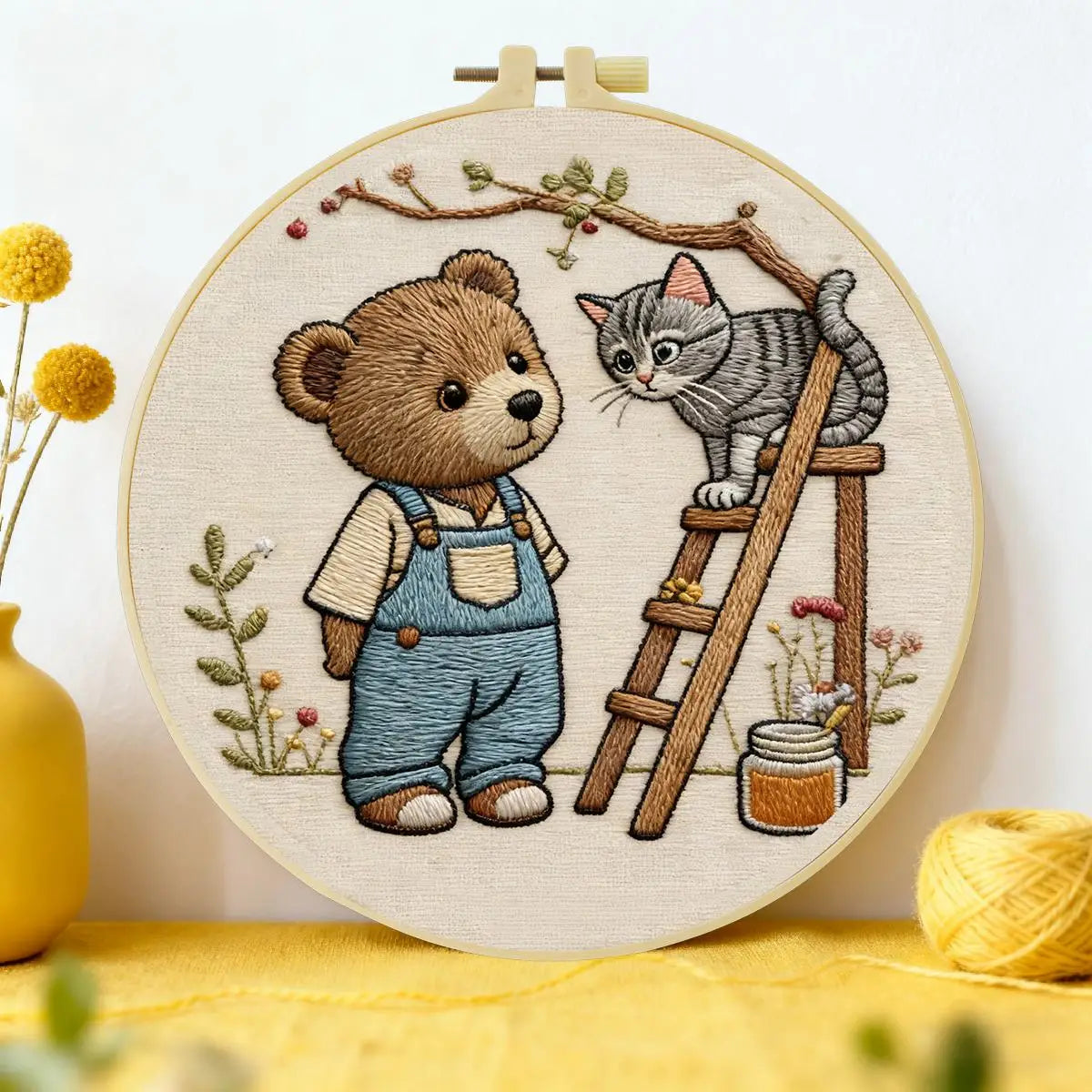 Bear & Kitten Friends Embroidery Kit – Whimsical Woodland DIY Hand Embroidery Set 🧸🐱🌿