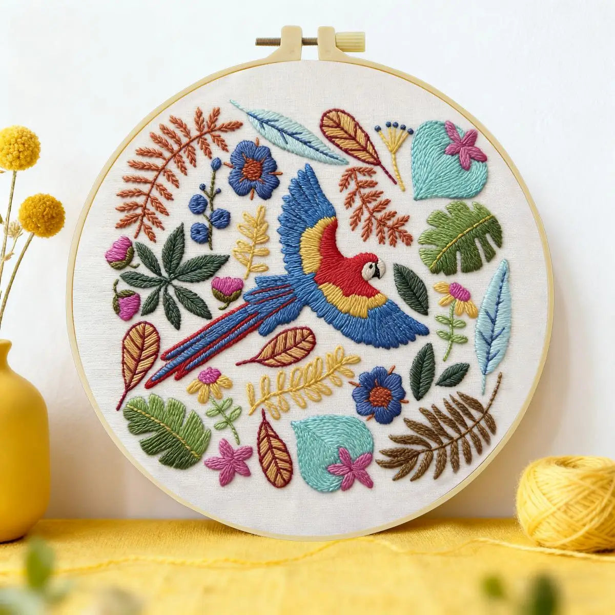Tropical Macaw Embroidery Kit – Colorful Parrot DIY Hand Embroidery Hoop Art Set