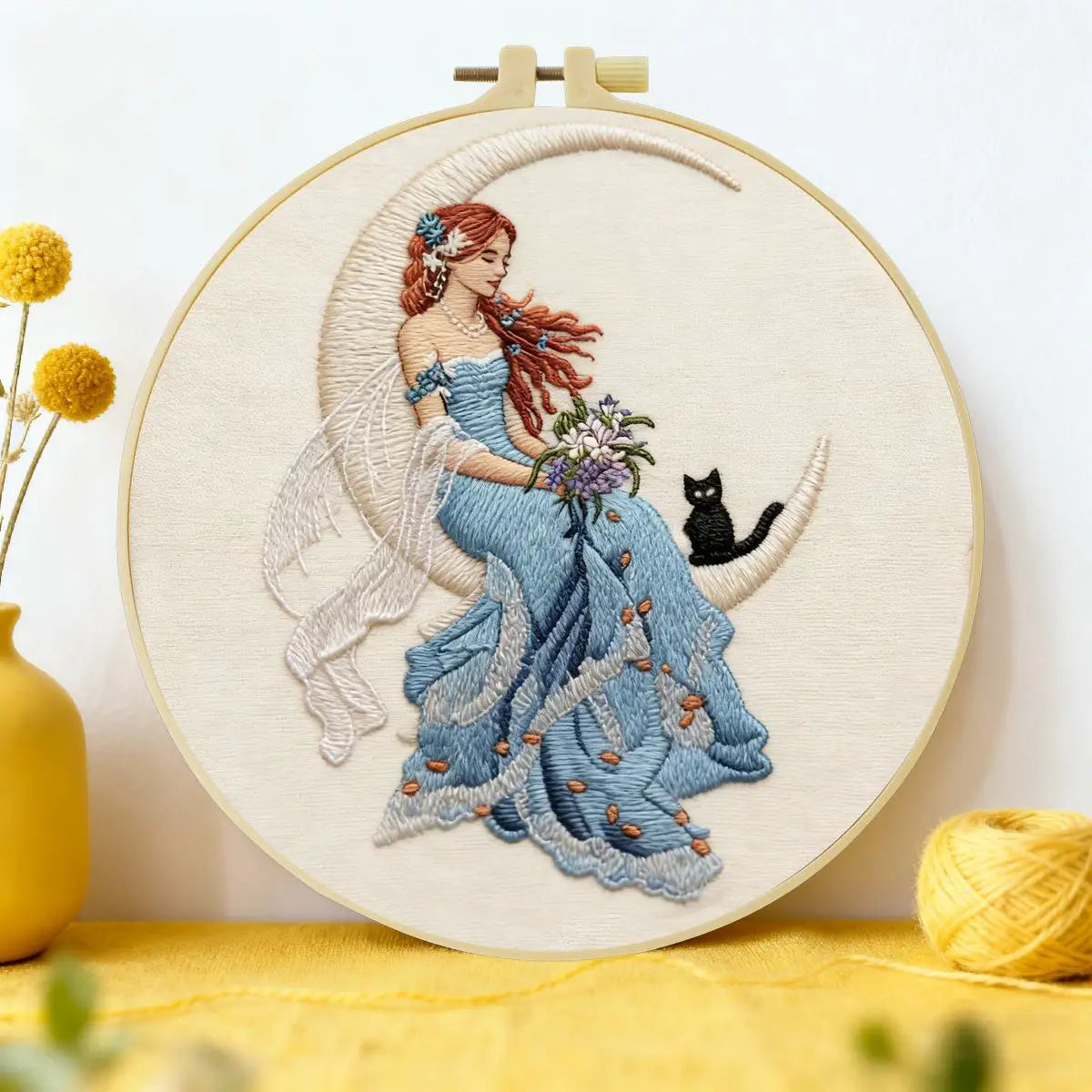 Moonlit Fairy Embroidery Kit – Enchanted Cat & Crescent Moon DIY Hand Embroidery Hoop Art Set