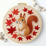 Autumn Squirrel Embroidery Kit – Cute Woodland Maple Leaf Design