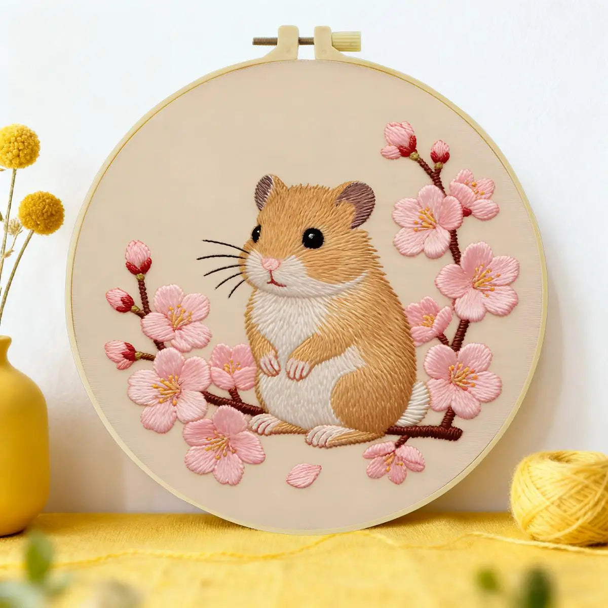 Cherry Blossom Hamster Embroidery Kit – Cute Spring Floral Animal Design
