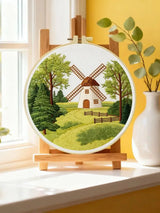 Countryside Windmill Embroidery Kit – Peaceful Green Landscape DIY Hand Embroidery Set