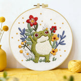 Cute Frog Embroidery Kit – Whimsical Floral Frog DIY Hand Embroidery Hoop Art Set