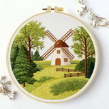 Countryside Windmill Embroidery Kit – Peaceful Green Landscape DIY Hand Embroidery Set