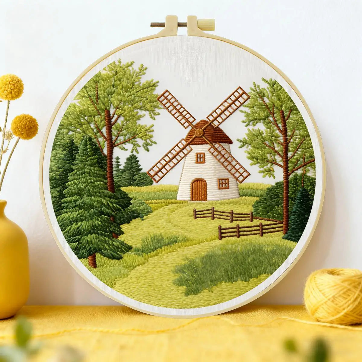 Countryside Windmill Embroidery Kit – Peaceful Green Landscape DIY Hand Embroidery Set