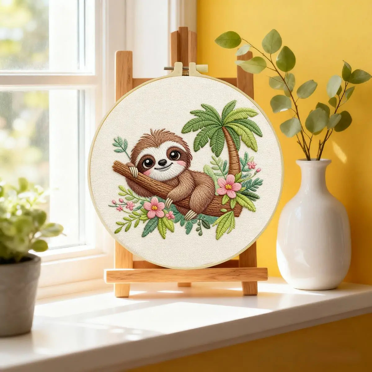 Cute Tropical Sloth Embroidery Kit 🦥🌿🌸