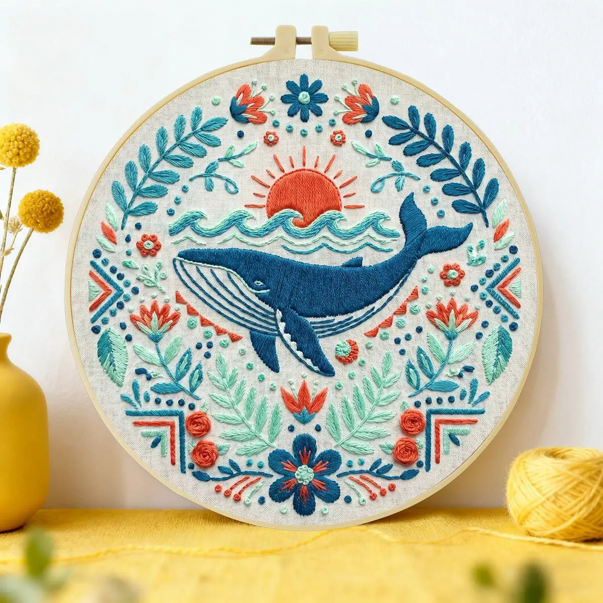 Folk Art Whale & Ocean Floral Embroidery Kit