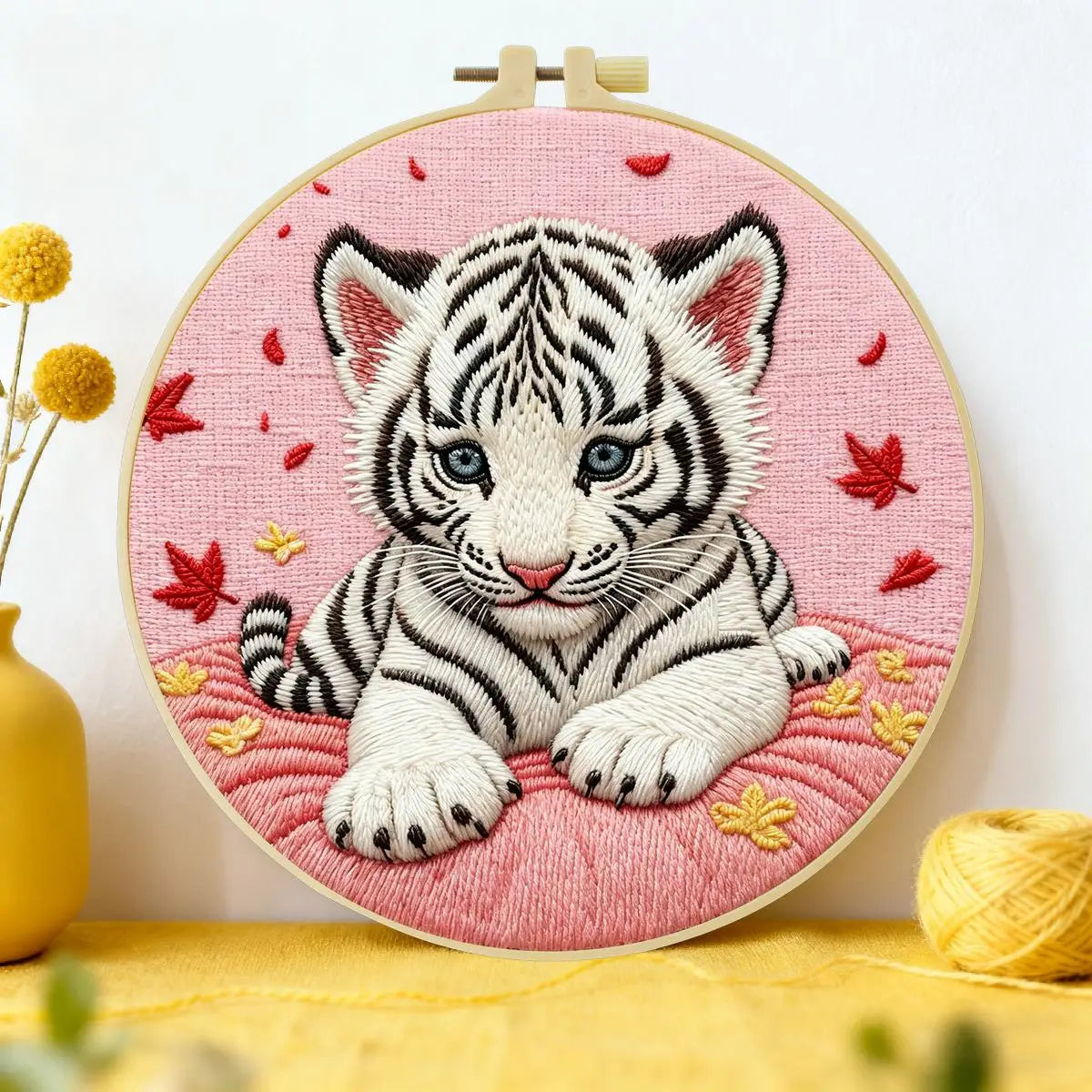 Snow White Tiger Cub Embroidery Kit 🐯🤍🌸