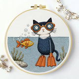 Scuba Cat Embroidery Kit – Funny Underwater Kitty DIY Hand Embroidery Set 🐱🐠🤿
