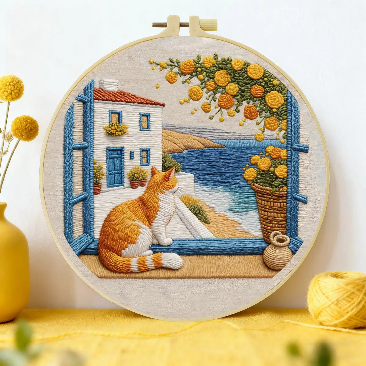 Seaside Window Cat Embroidery Kit