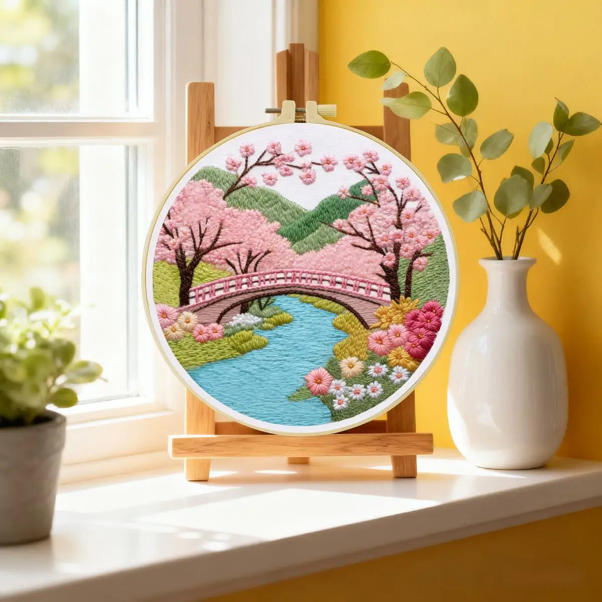 Cherry Blossom Bridge Embroidery Kit – Japanese Spring Garden Landscape Design