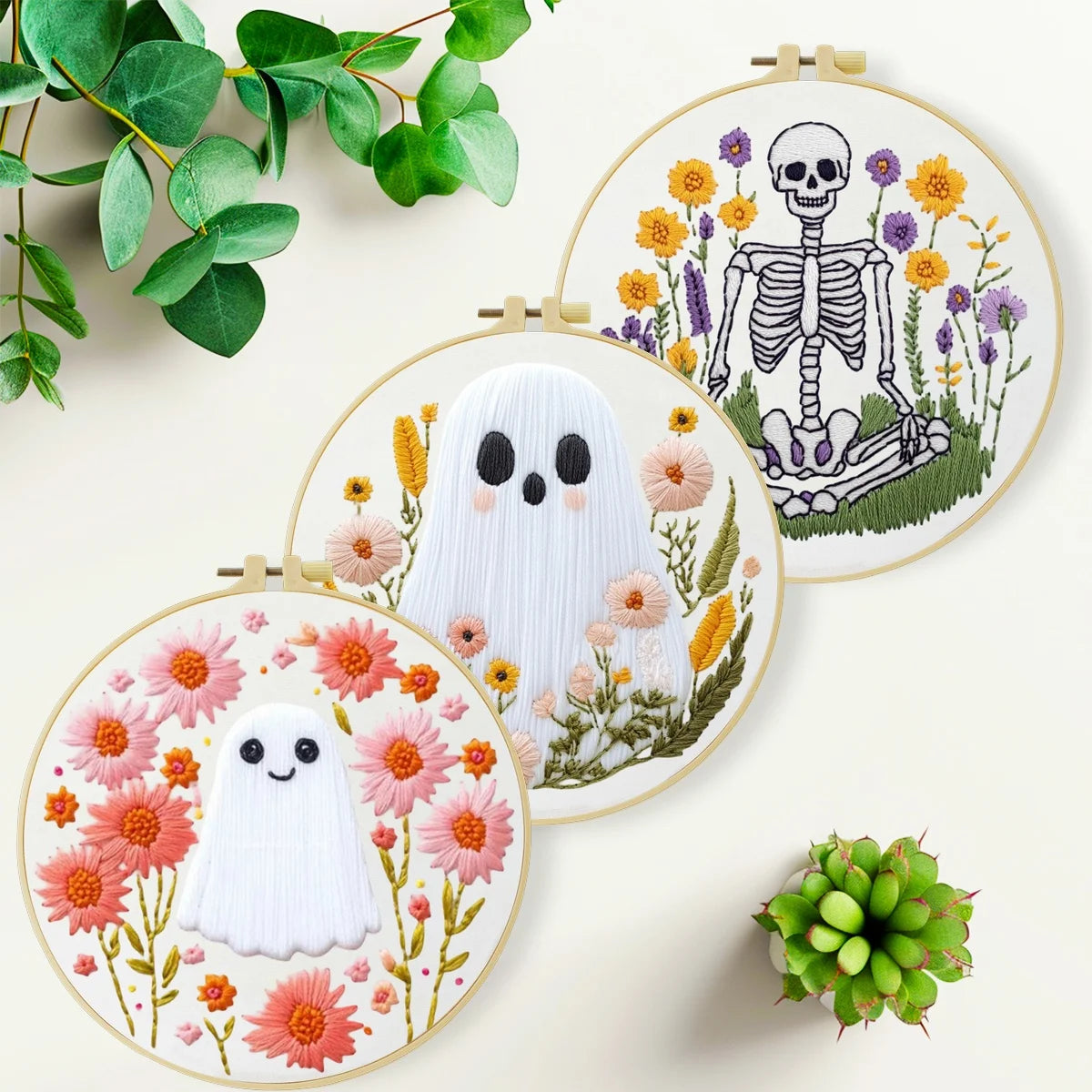 Floral Ghosts & Skeleton Embroidery Kit – 3 Designs