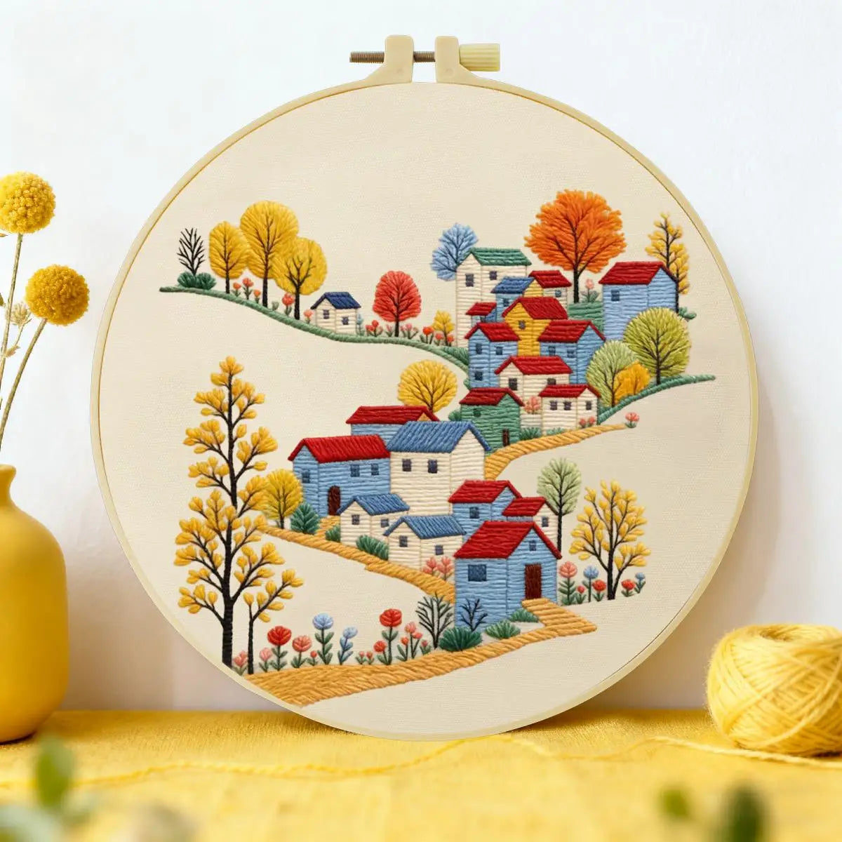 Colorful Village Landscape Punch Needle Wall Art – Handmade Embroidery Hoop Decor for Nursery & Cozy Rooms