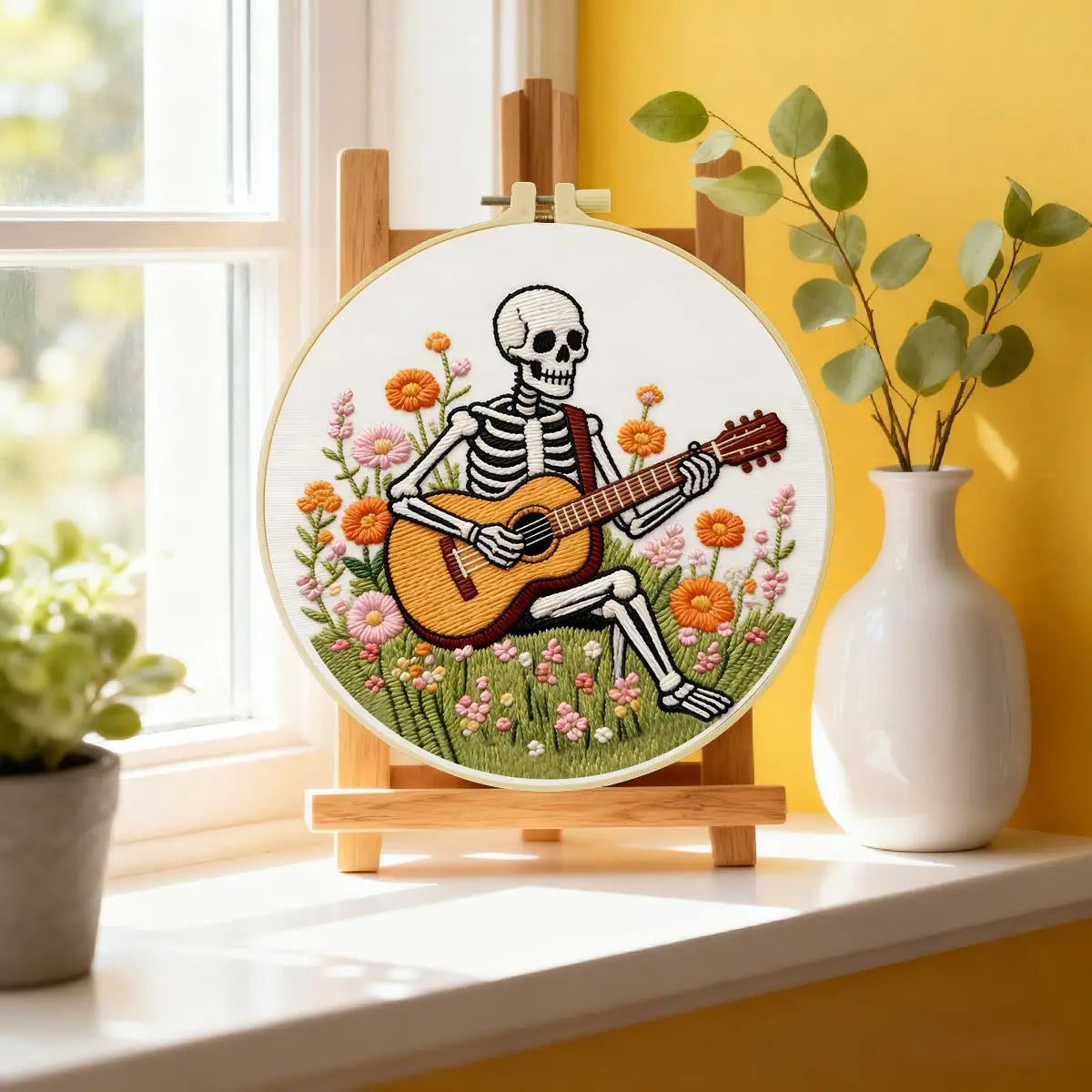 Skeleton Guitarist Embroidery Kit – Floral Music & Wildflower Design