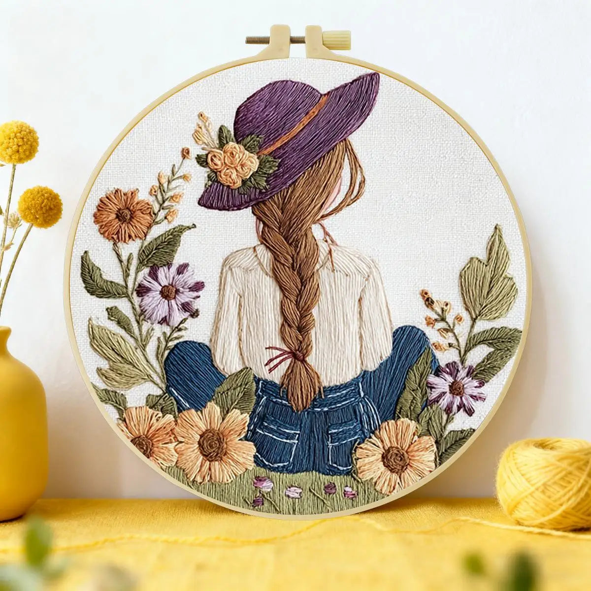 Wildflower Girl Embroidery Kit – Cottagecore Floral Maiden DIY Hand Embroidery Hoop Art Set