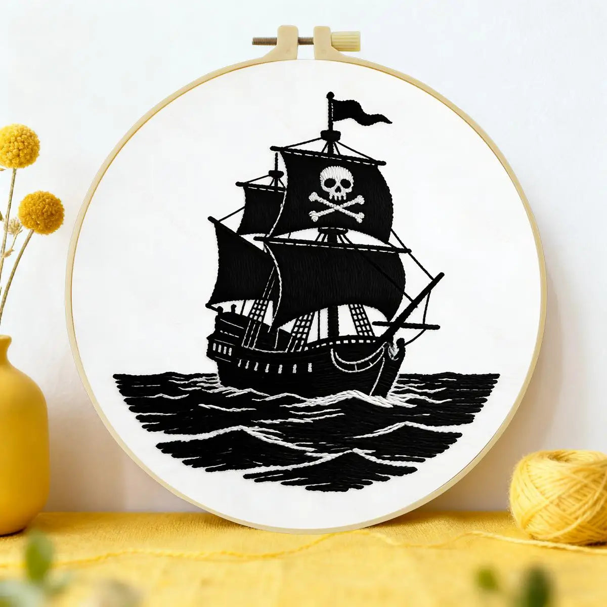 Black Pirate Ship Embroidery Kit – Skull & Crossbones Nautical Design