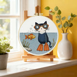 Scuba Cat Embroidery Kit – Funny Underwater Kitty DIY Hand Embroidery Set 🐱🐠🤿