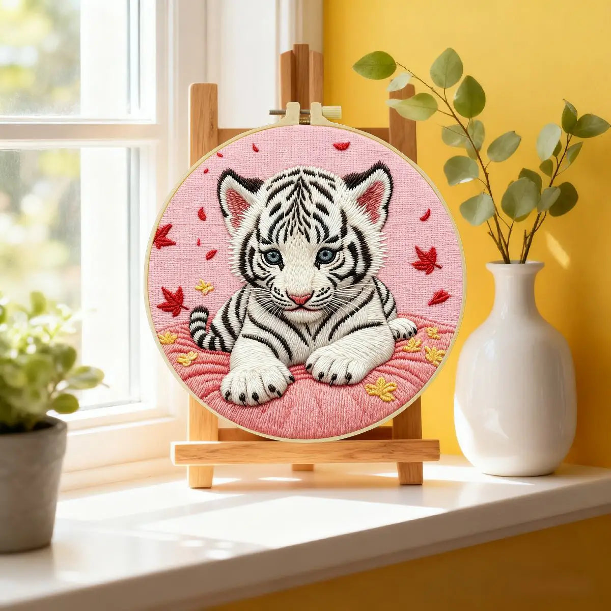 Snow White Tiger Cub Embroidery Kit 🐯🤍🌸