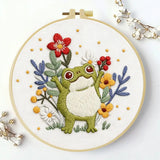 Cute Frog Embroidery Kit – Whimsical Floral Frog DIY Hand Embroidery Hoop Art Set