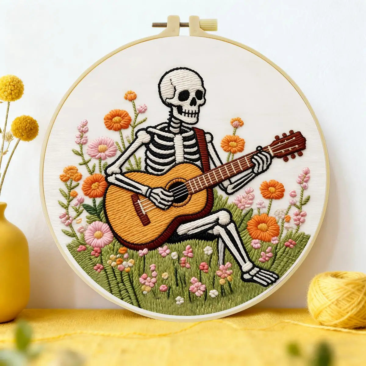 Skeleton Guitarist Embroidery Kit – Floral Music & Wildflower Design