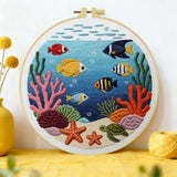 Ocean Life Embroidery Kit – Tropical Fish & Sea Turtle DIY Hand Embroidery Hoop Art Set