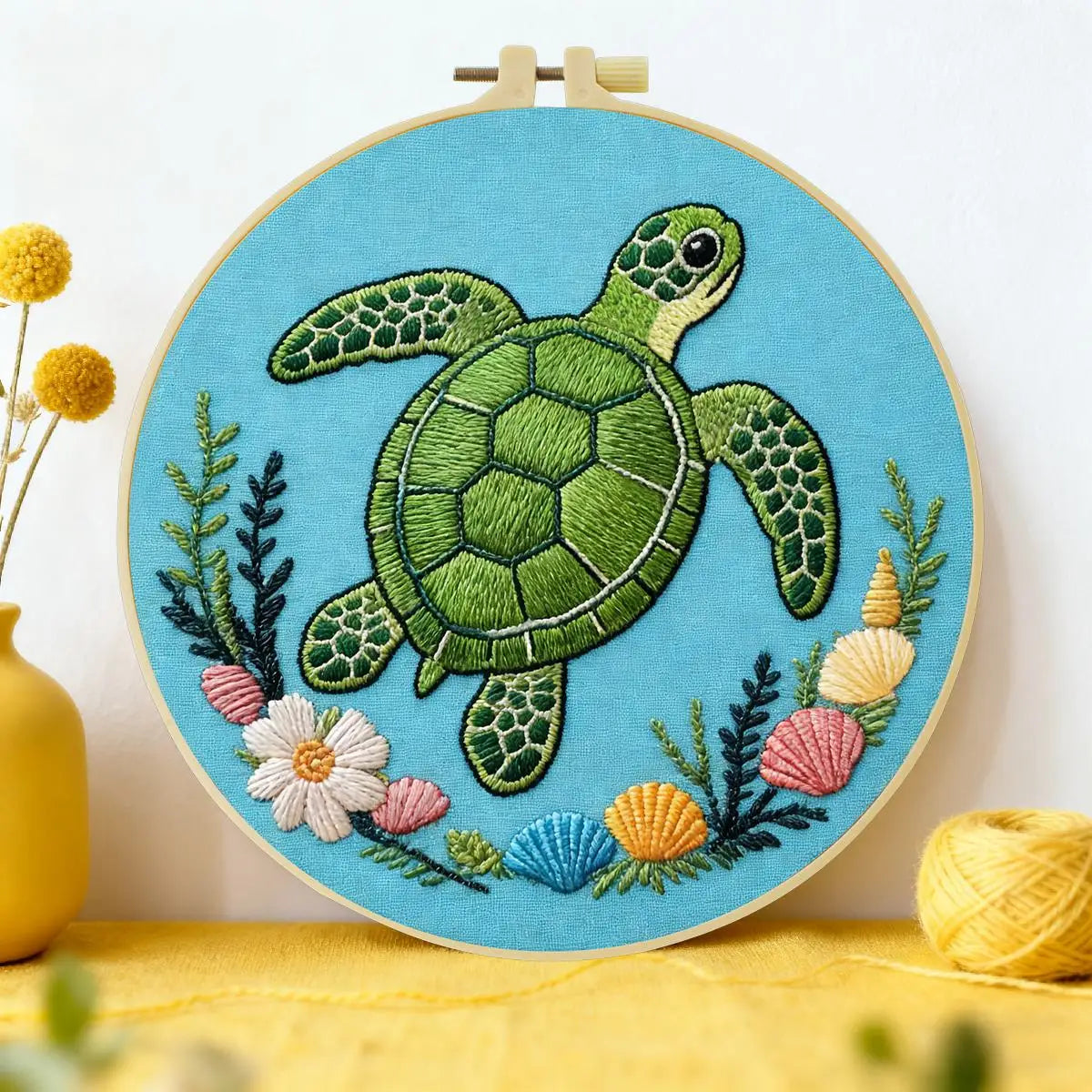 Sea Turtle Embroidery Kit – Coastal Ocean & Seashell Design