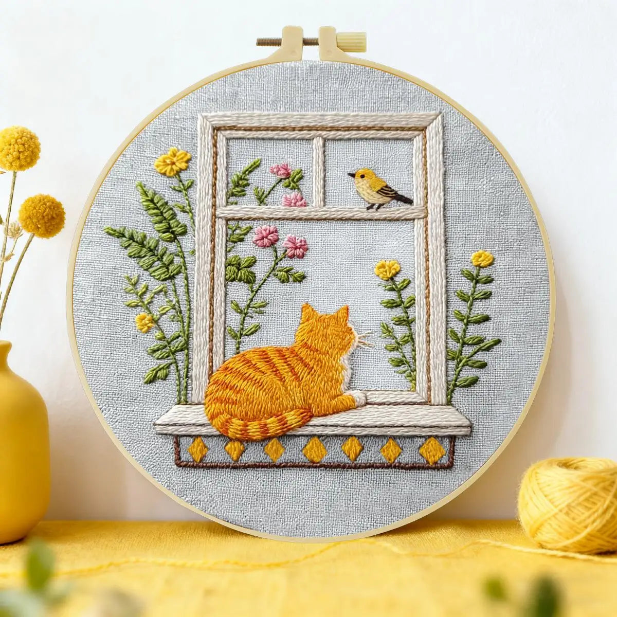 Window Cat Embroidery Kit – Cozy Birdwatching Kitty DIY Hand Embroidery Hoop Art Set