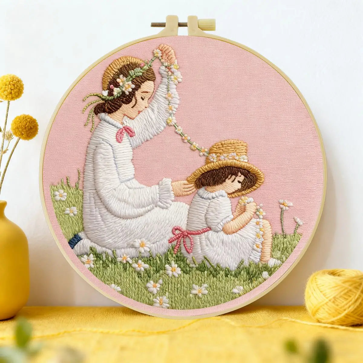 Mother & Daughter Daisy Chain Embroidery Kit – Heartwarming Floral DIY Hand Embroidery Hoop Art Set