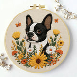 Boston Terrier Embroidery Kit – Floral Puppy DIY Hand Embroidery Hoop Art Set