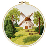 Countryside Windmill Embroidery Kit – Peaceful Green Landscape DIY Hand Embroidery Set