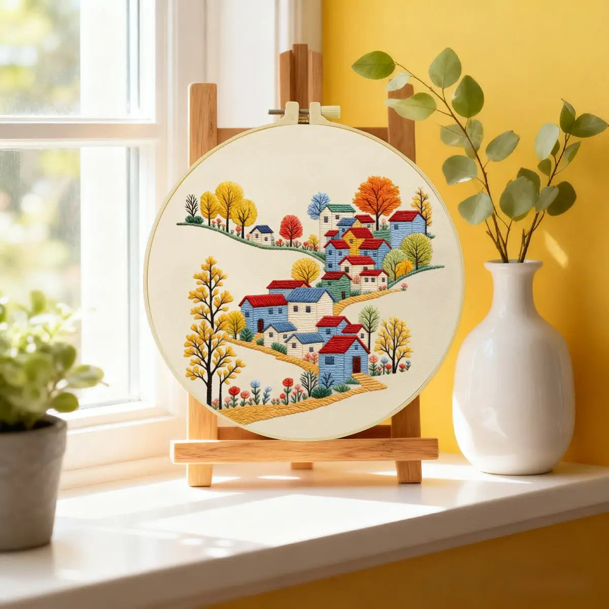 Colorful Village Landscape Punch Needle Wall Art – Handmade Embroidery Hoop Decor for Nursery & Cozy Rooms